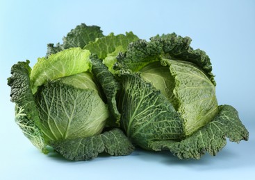 Photo of Fresh Savoy cabbages on light blue background, closeup