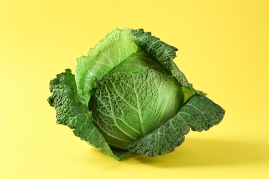 Photo of One fresh Savoy cabbage on yellow background