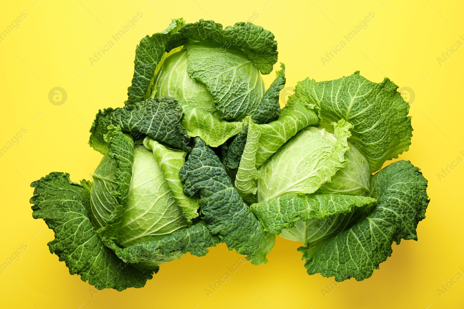 Photo of Fresh Savoy cabbages on yellow background, flat lay