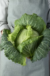 Photo of Woman holding fresh Savoy cabbage, closeup view