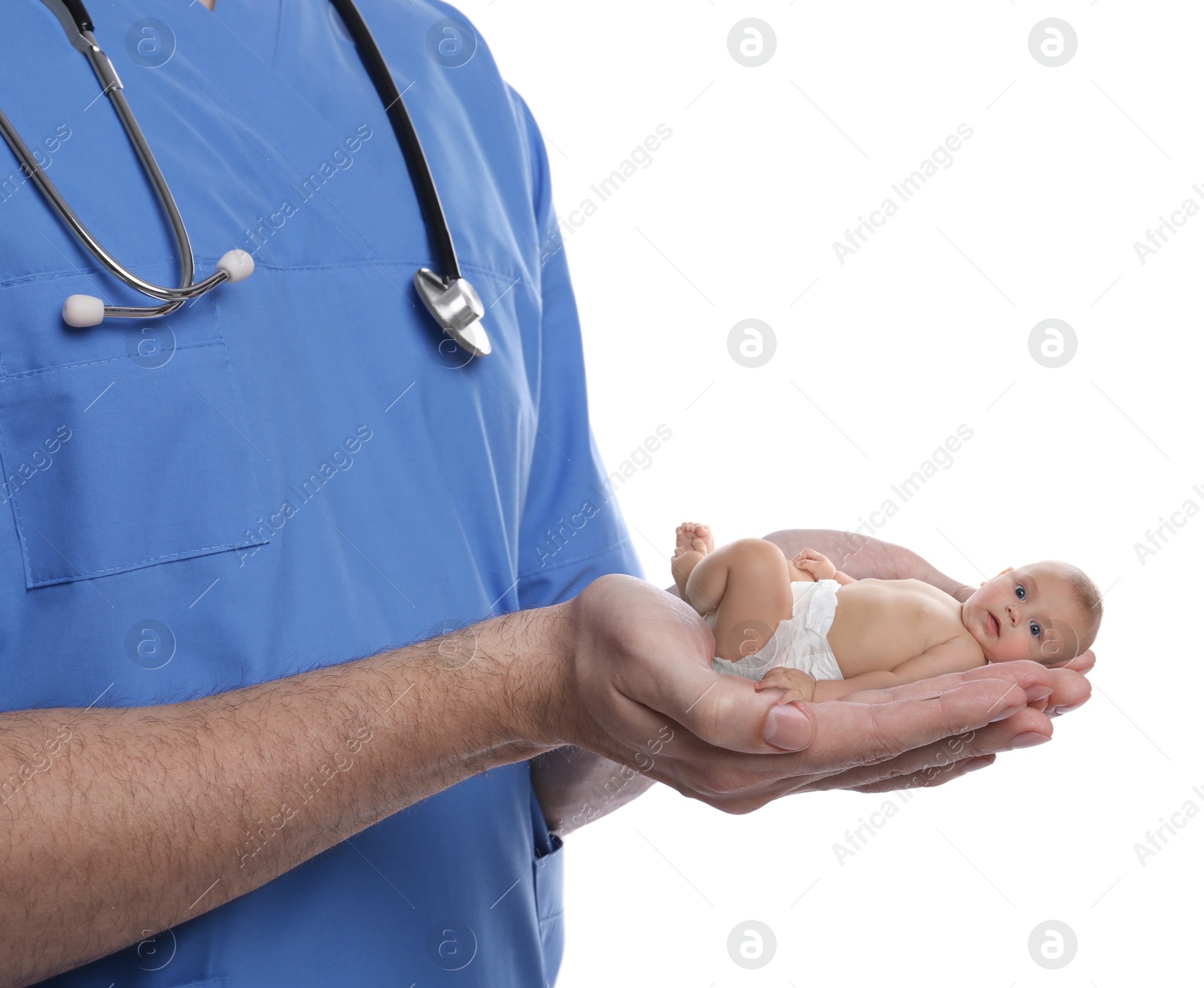 Image of In vitro fertilization (IVF). Doctor holding little baby in hands against white background