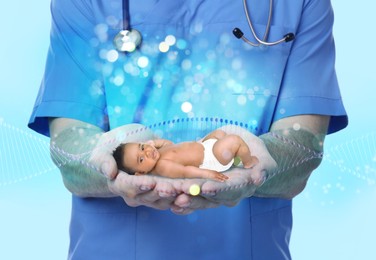 Image of In vitro fertilization (IVF). Doctor holding little baby in hands against light blue background. Double exposure with DNA