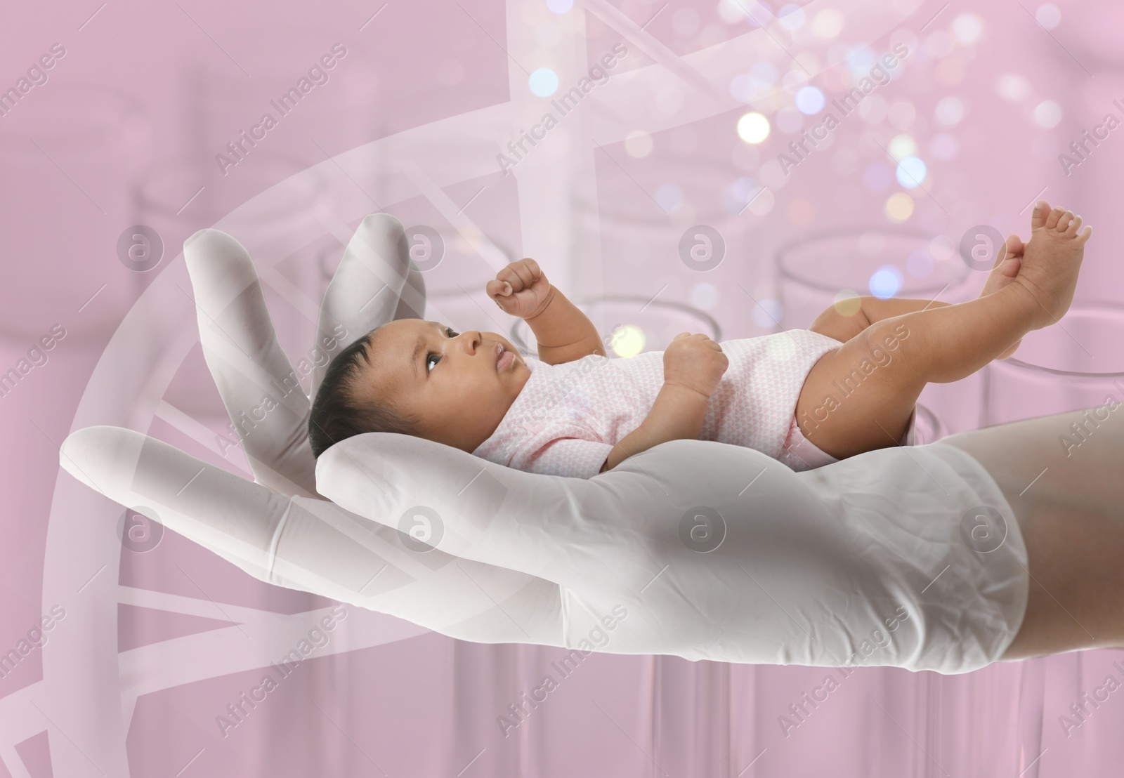 Image of In vitro fertilization (IVF). Cute little baby in doctor's hand against pink background with test tubes and DNA