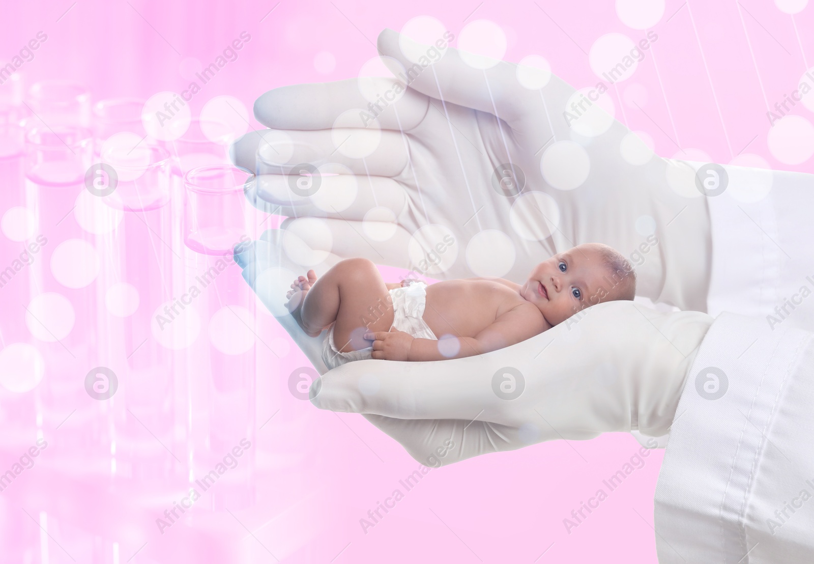 Image of In vitro fertilization (IVF). Doctor holding little baby in hand against pink background with test tubes and DNA