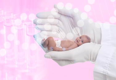 Image of In vitro fertilization (IVF). Doctor holding little baby in hand against pink background with test tubes and DNA