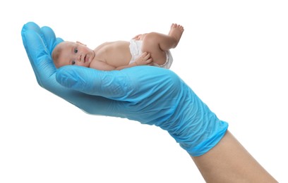 Image of In vitro fertilization (IVF). Cute little baby in doctor's hand against white background
