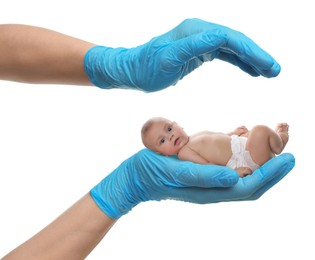 Image of In vitro fertilization (IVF). Doctor holding little baby in hand against white background