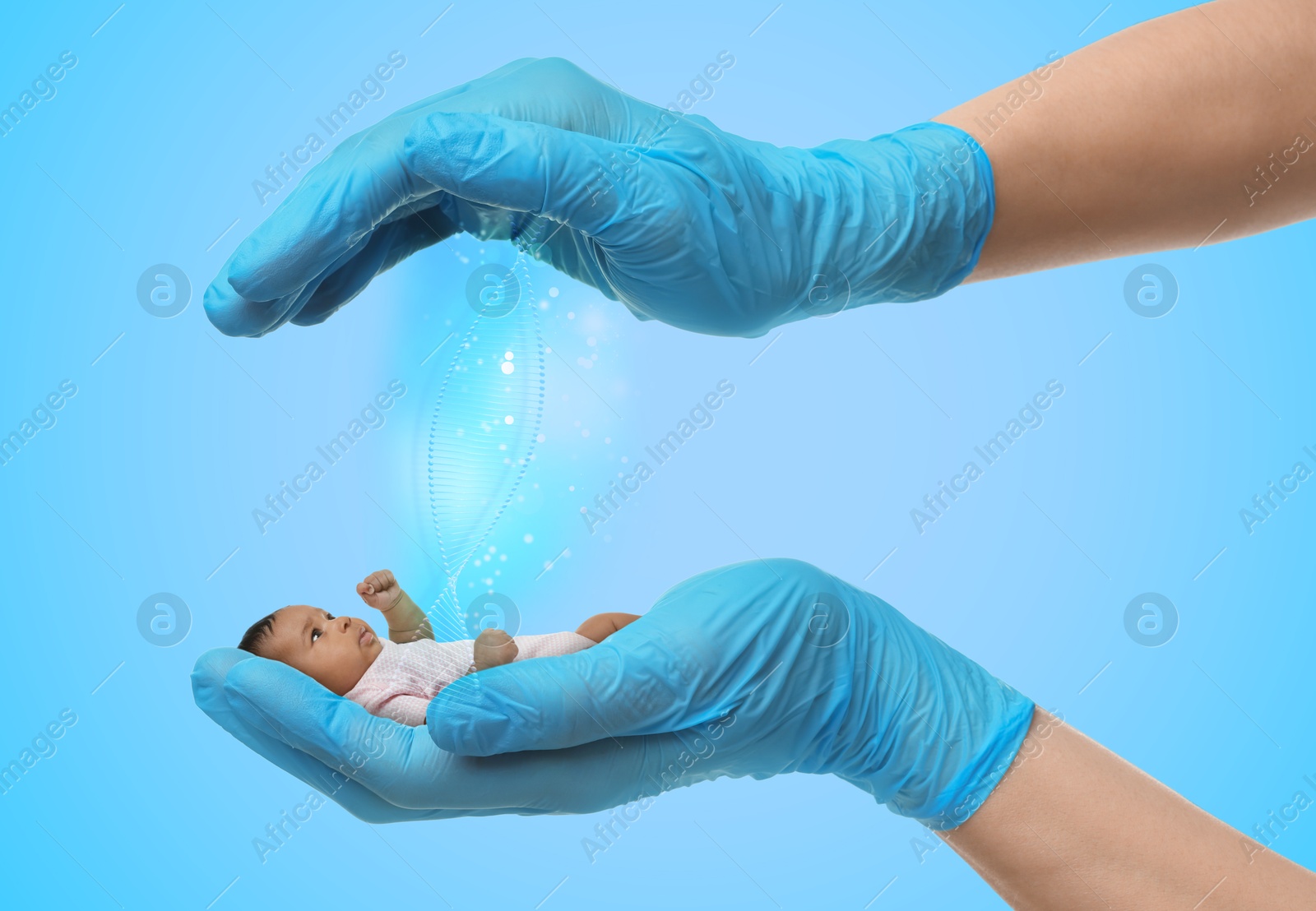 Image of In vitro fertilization (IVF). Doctor holding little baby in hand against light blue background. Double exposure with DNA