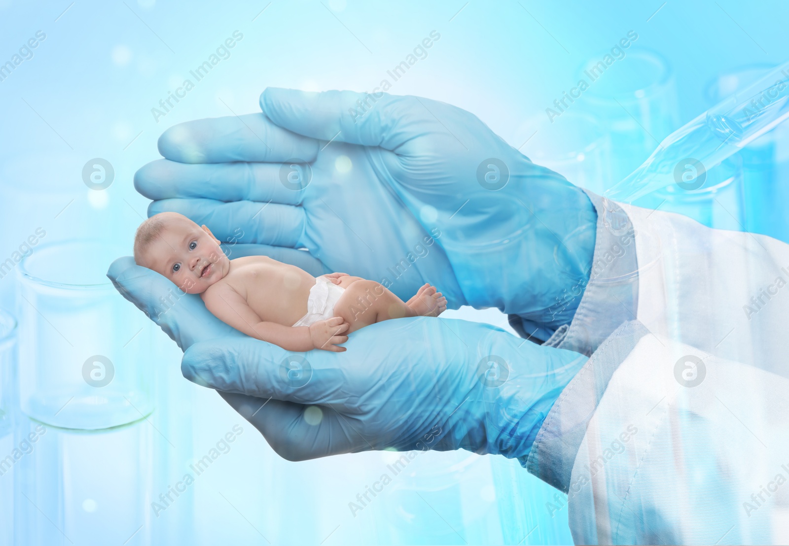 Image of In vitro fertilization (IVF). Doctor holding little baby in hand against light blue background. Double exposure with test tubes