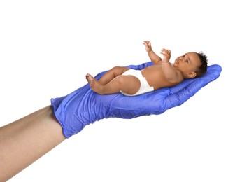 Image of In vitro fertilization (IVF). Cute little baby in doctor's hand against white background