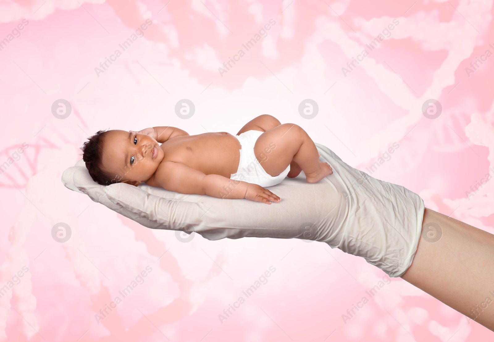 Image of In vitro fertilization (IVF). Cute little baby in doctor's hand against pink background with DNA