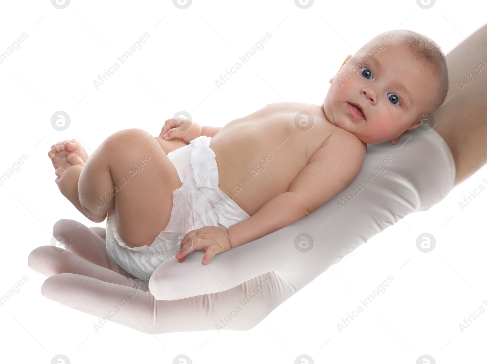 Image of In vitro fertilization (IVF). Cute little baby in doctor's hand against white background