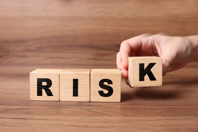 Image of Woman putting wooden cube with letter K to make word Risk at table, closeup