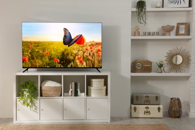 Image of TV set on console in room. Flowers with butterfly on screen