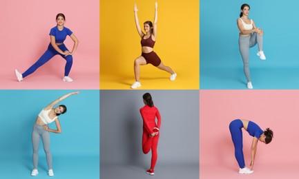 Image of Teenage girl in sportswear stretching on colorful backgrounds. Collage with different exercises