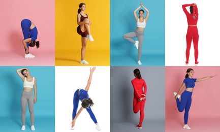 Image of Teenage girl in sportswear stretching on colorful backgrounds. Collage with different exercises