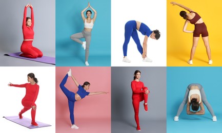 Image of Teenage girl in sportswear stretching on colorful backgrounds. Collage with different exercises
