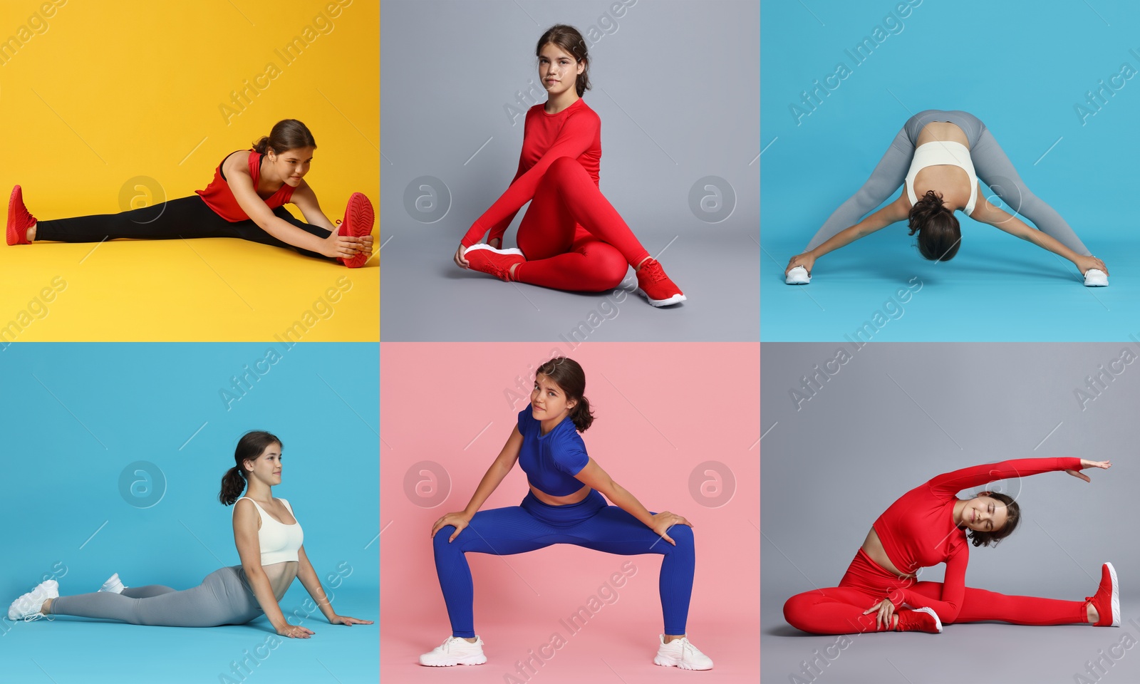 Image of Teenage girl in sportswear stretching on colorful backgrounds. Collage with different exercises