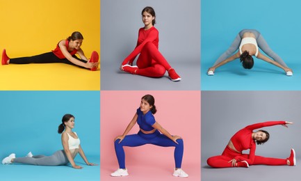 Image of Teenage girl in sportswear stretching on colorful backgrounds. Collage with different exercises