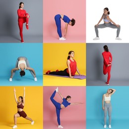 Image of Teenage girl in sportswear stretching on colorful backgrounds. Collage with different exercises