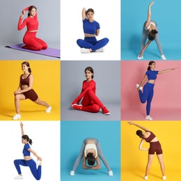 Image of Teenage girl in sportswear stretching on colorful backgrounds. Collage with different exercises