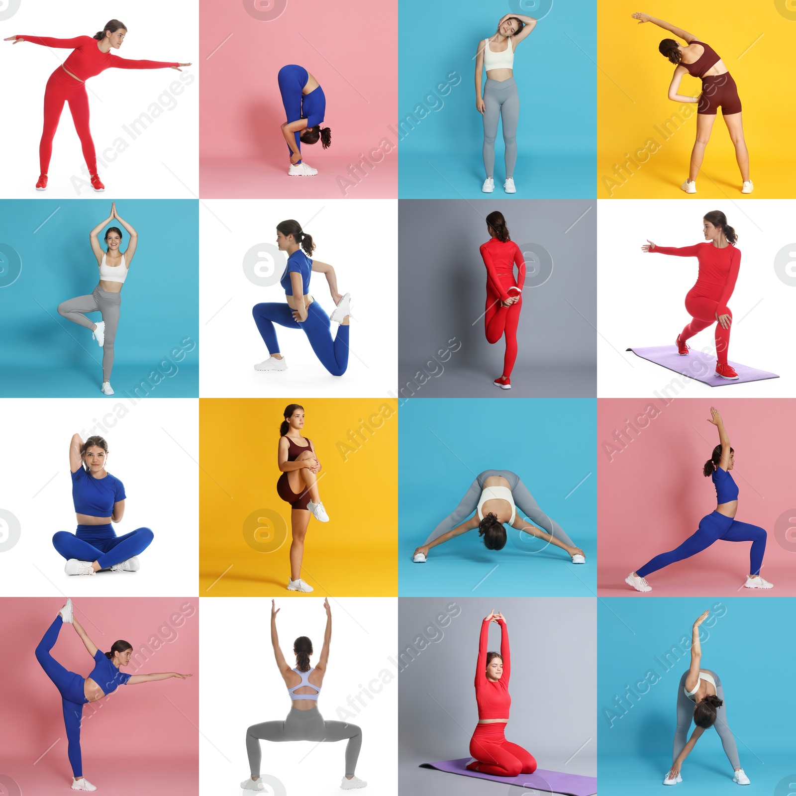 Image of Teenage girl in sportswear stretching on colorful backgrounds. Collage with different exercises