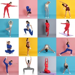 Image of Teenage girl in sportswear stretching on colorful backgrounds. Collage with different exercises
