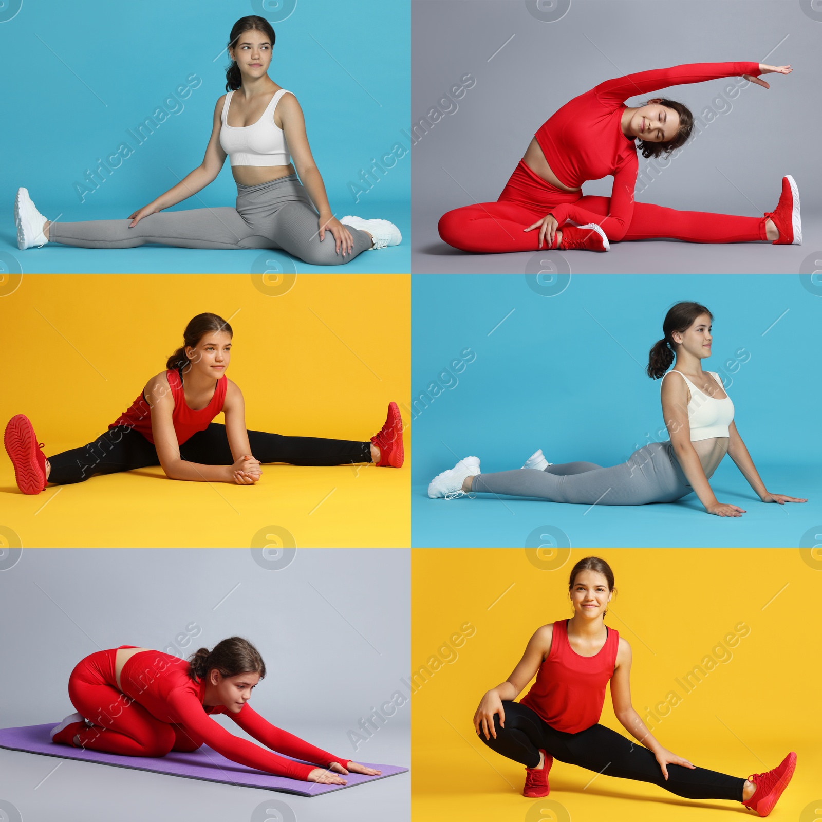 Image of Teenage girl in sportswear stretching on colorful backgrounds. Collage with different exercises