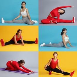 Image of Teenage girl in sportswear stretching on colorful backgrounds. Collage with different exercises