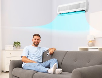 Image of Man with air conditioner remote control on sofa at home