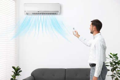 Image of Man using remote to control air conditioner at home