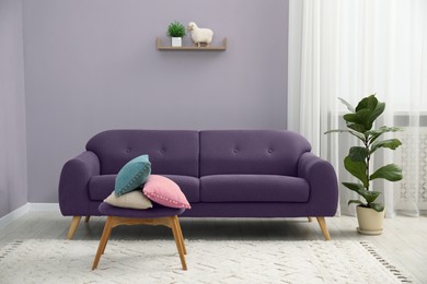Image of Living room with purple sofa, bench and houseplants. Interior design