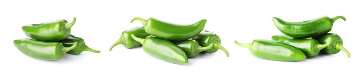Image of Fresh green jalapeno peppers isolated on white, set