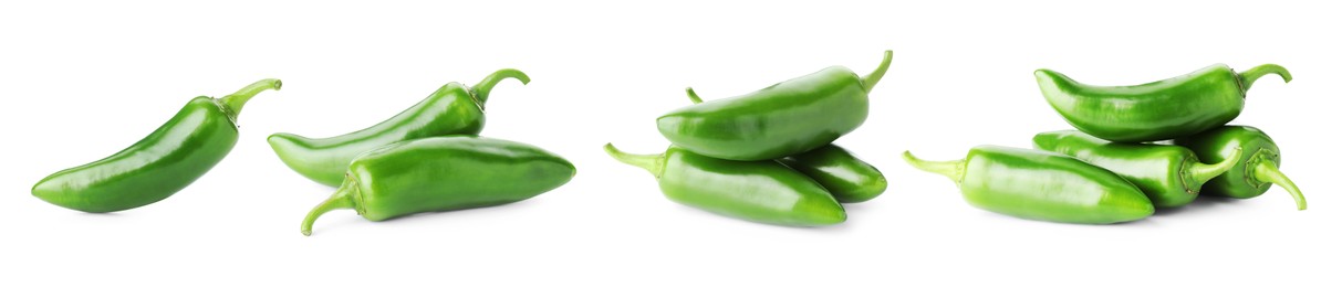 Image of Fresh green jalapeno peppers isolated on white, set