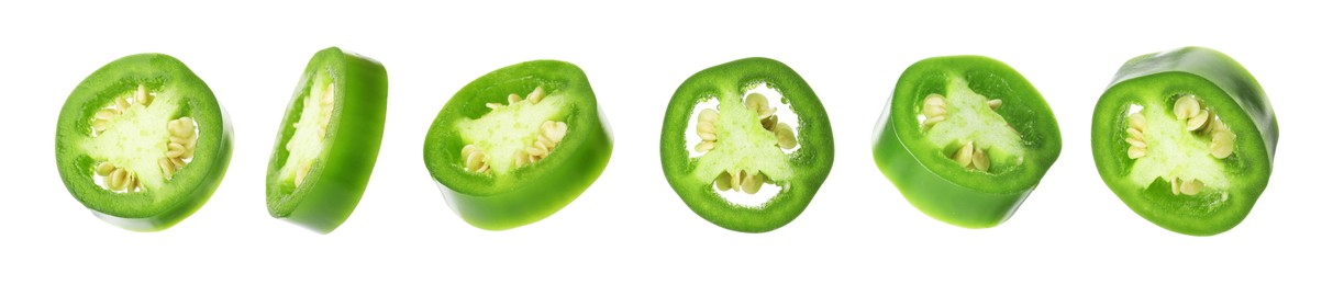Image of Jalapeno pepper slices isolated on white, set