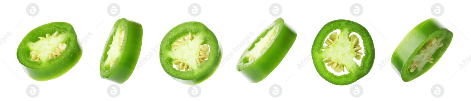 Image of Jalapeno pepper slices isolated on white, set
