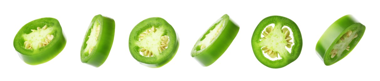 Image of Jalapeno pepper slices isolated on white, set