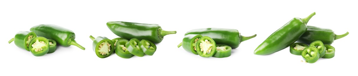 Image of Fresh green jalapeno peppers isolated on white, set
