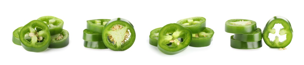 Image of Jalapeno pepper slices isolated on white, set