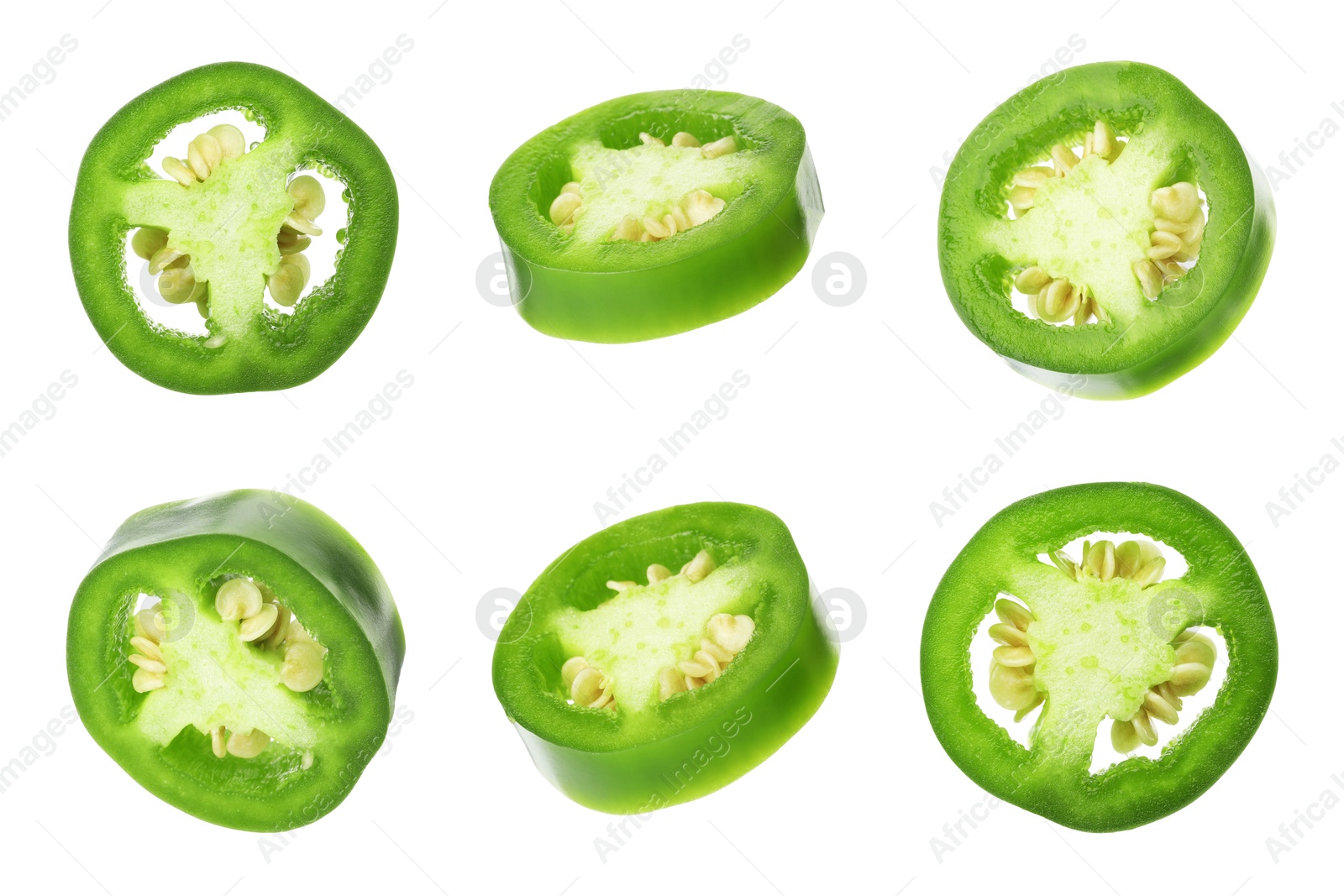 Image of Jalapeno pepper slices isolated on white, set