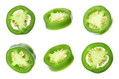 Image of Jalapeno pepper slices isolated on white, set