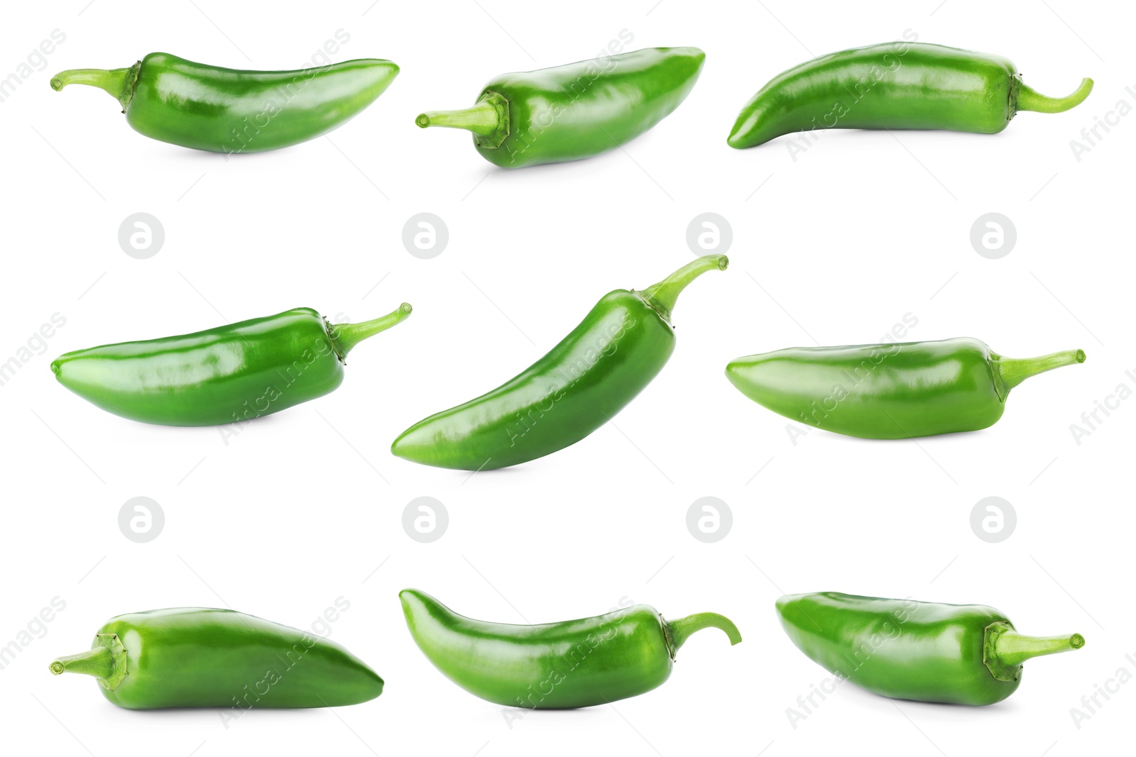 Image of Fresh green jalapeno peppers isolated on white, set