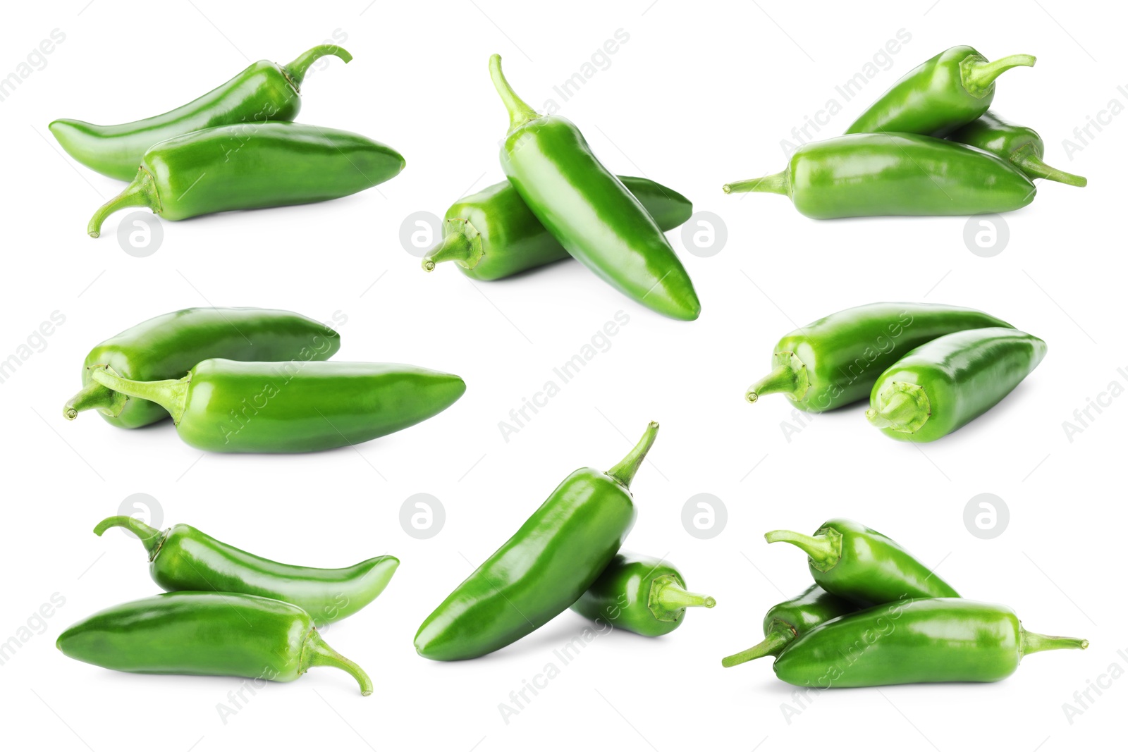 Image of Fresh green jalapeno peppers isolated on white, set