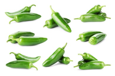 Image of Fresh green jalapeno peppers isolated on white, set