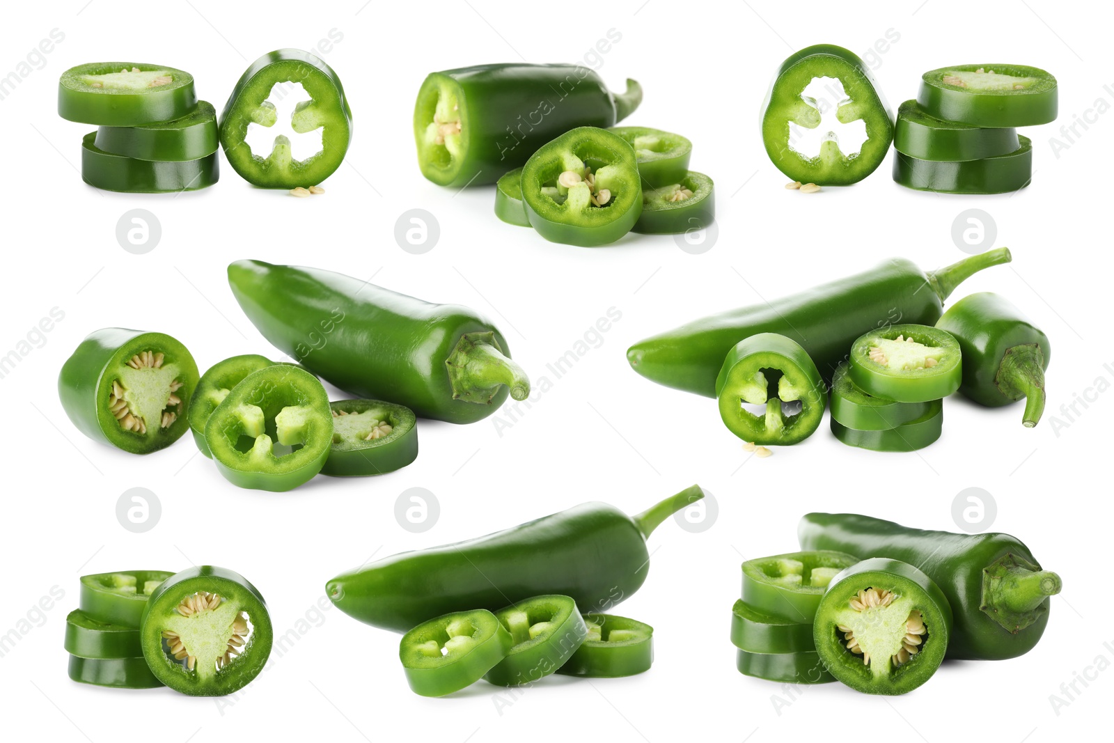 Image of Fresh green jalapeno peppers isolated on white, set
