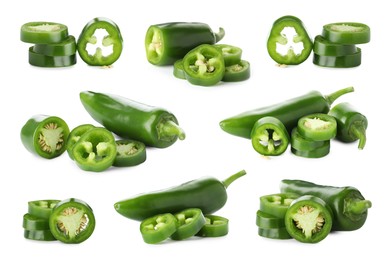 Image of Fresh green jalapeno peppers isolated on white, set