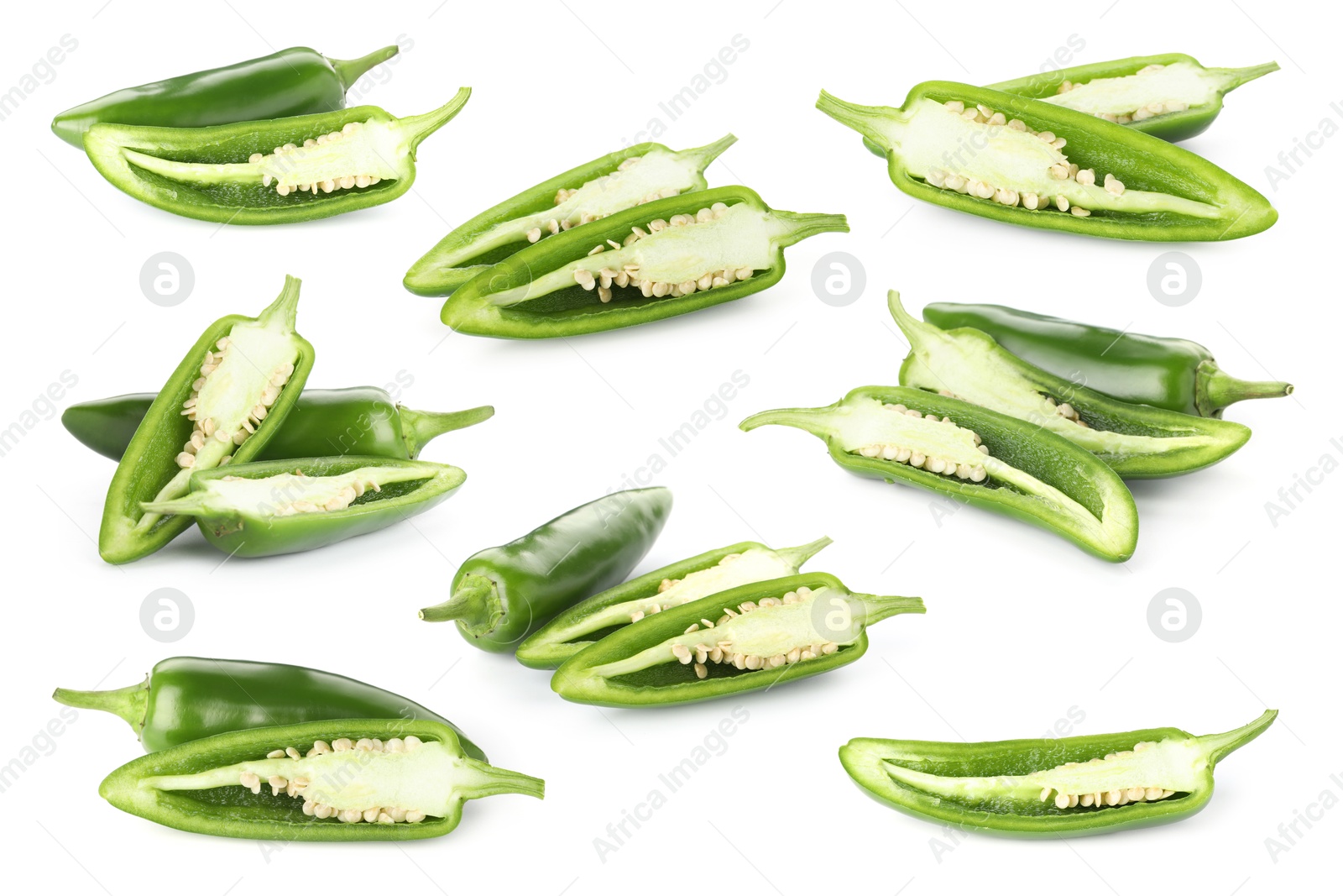 Image of Fresh green jalapeno peppers isolated on white, set