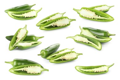 Image of Fresh green jalapeno peppers isolated on white, set