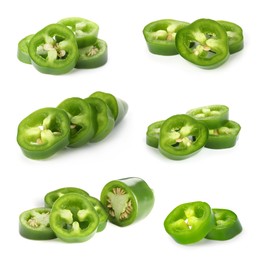 Image of Jalapeno pepper slices isolated on white, set