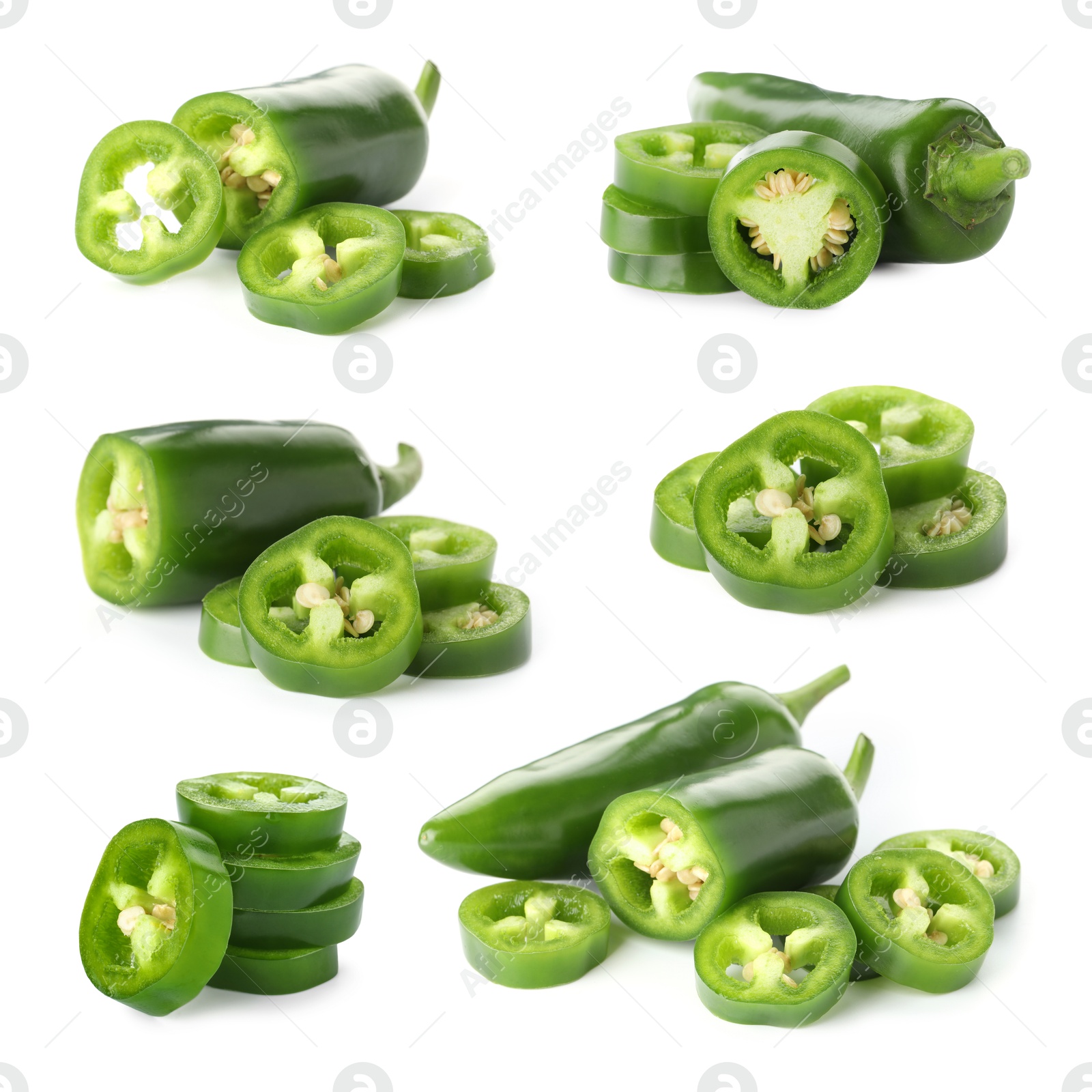 Image of Fresh green jalapeno peppers isolated on white, set